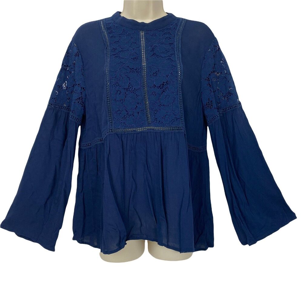 Ariat Top Large Blue Round Neck Bell‎ Sleeves Lace Accent Keyhole Western